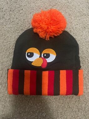 Kids Pom-Pom Turkey Knit Beanie Hat in Orange and Brown